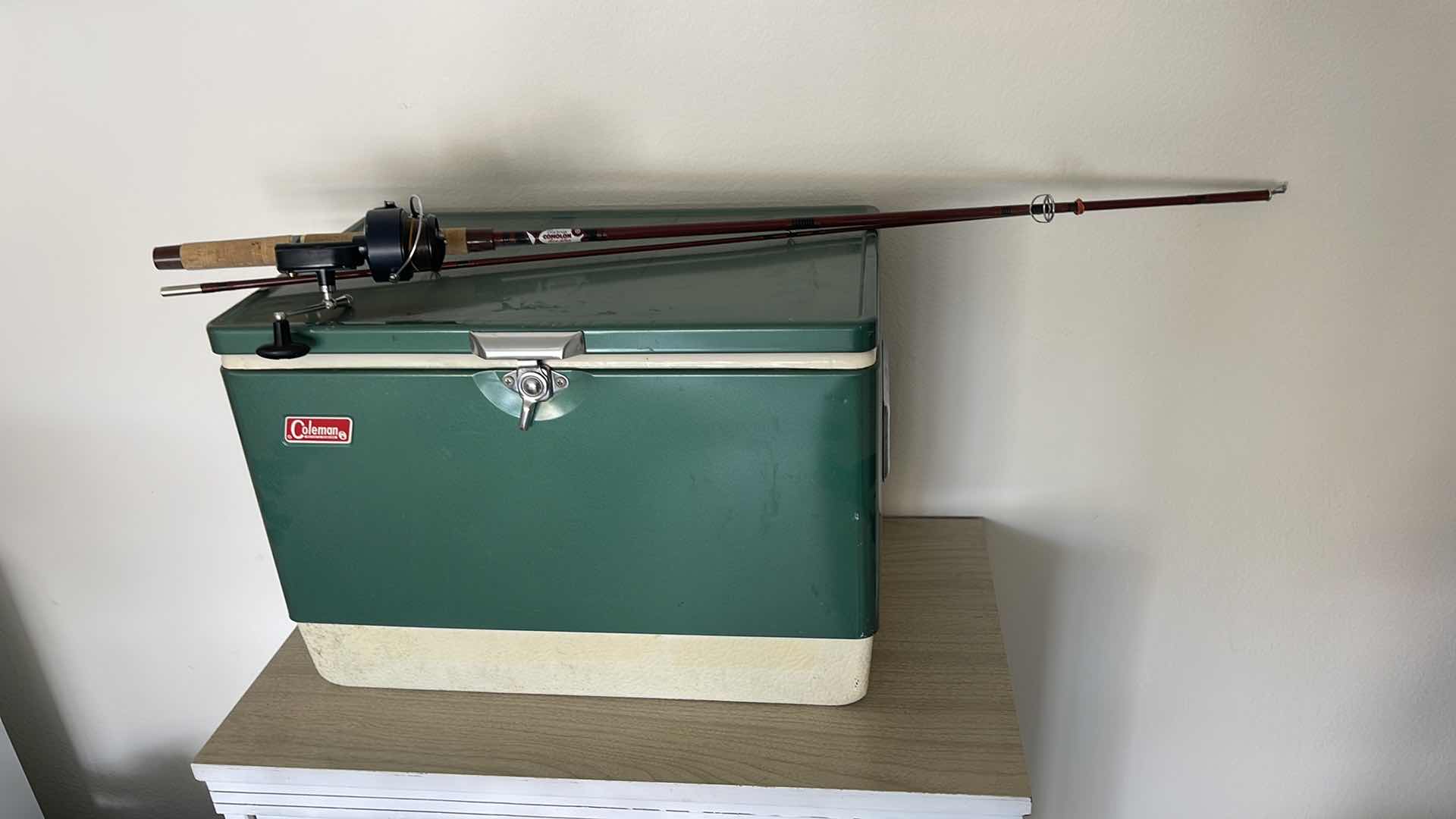 Photo 1 of VINTAGE COLEMAN ICE-CHEST W 2 THERMOS & FISHING ROD