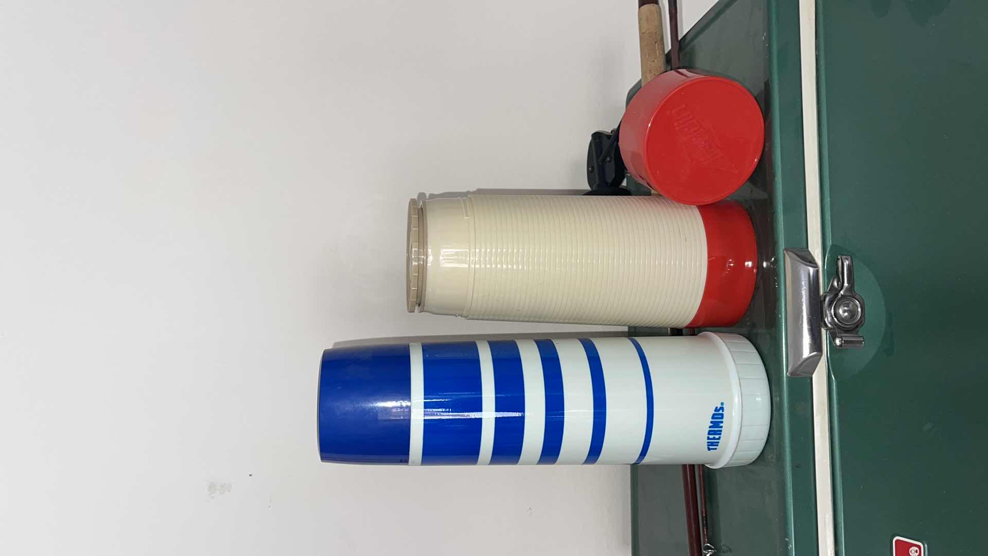 Photo 1 of VINTAGE COLEMAN ICE-CHEST W 2 THERMOS & FISHING ROD