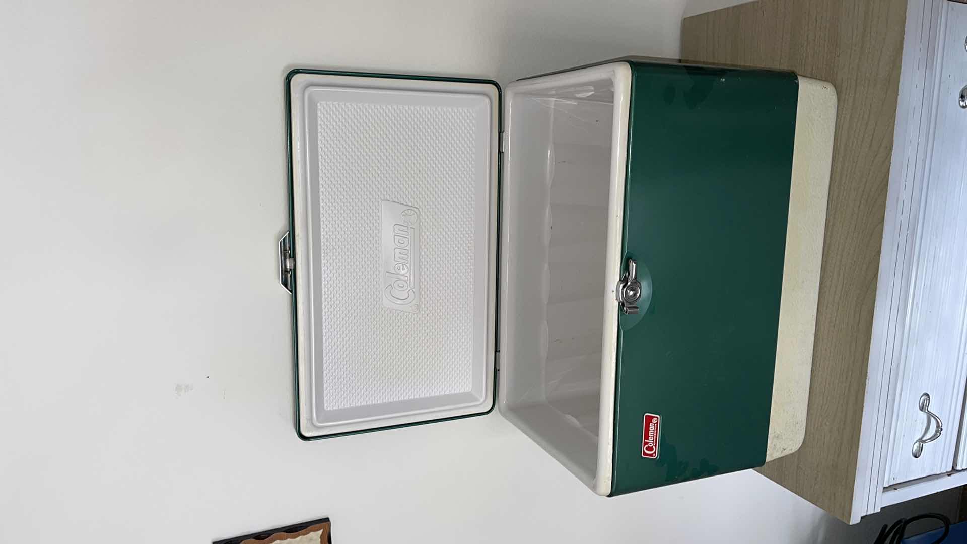 Photo 1 of VINTAGE COLEMAN ICE-CHEST W 2 THERMOS & FISHING ROD