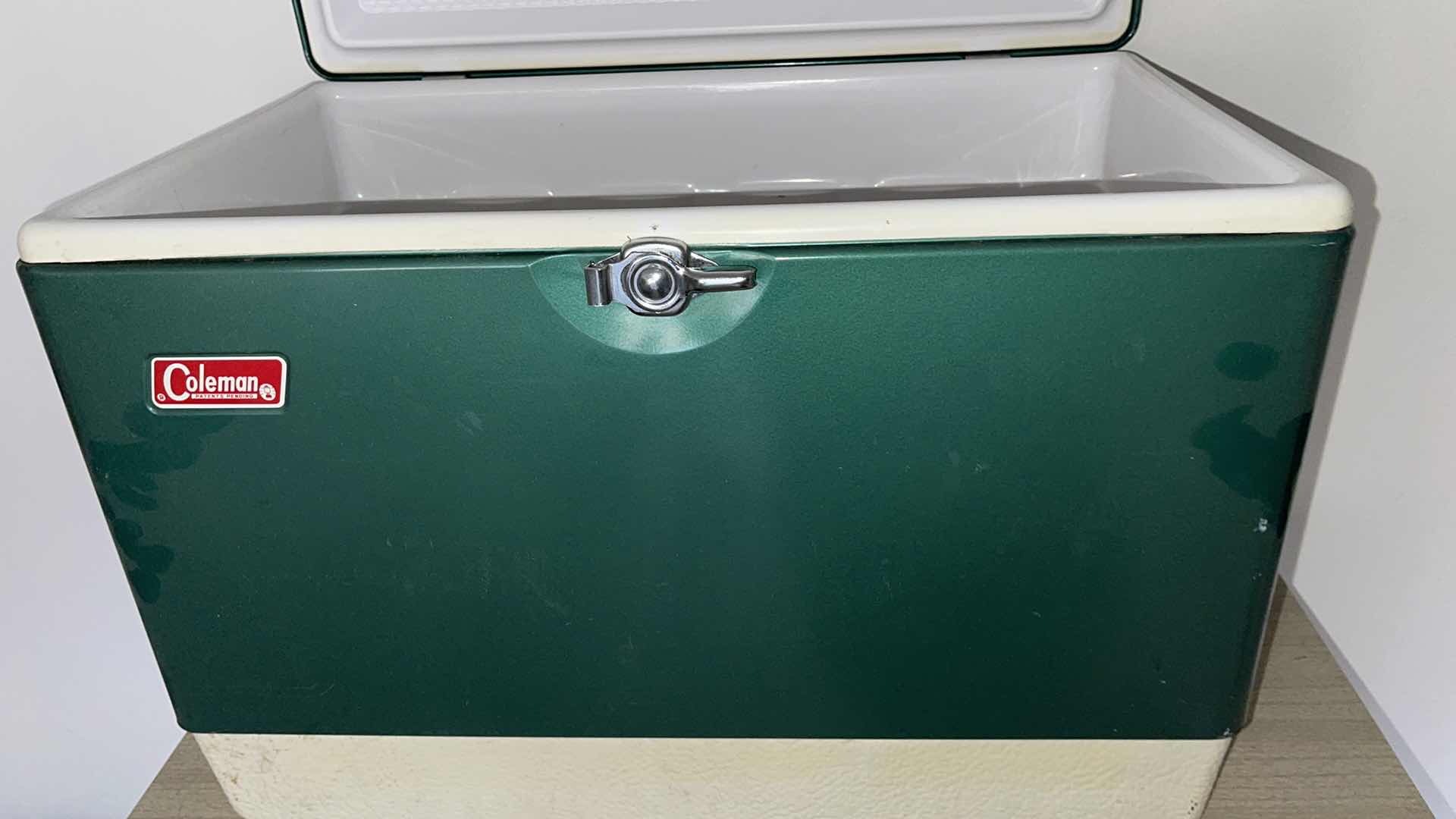 Photo 1 of VINTAGE COLEMAN ICE-CHEST W 2 THERMOS & FISHING ROD