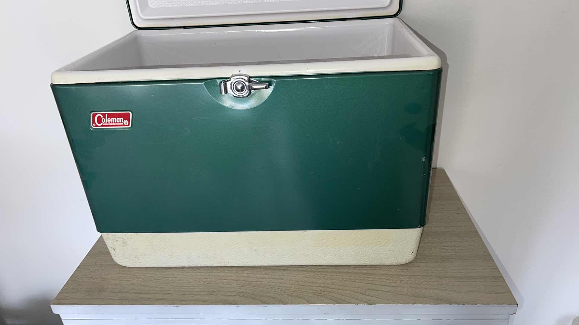 Photo 1 of VINTAGE COLEMAN ICE-CHEST W 2 THERMOS & FISHING ROD