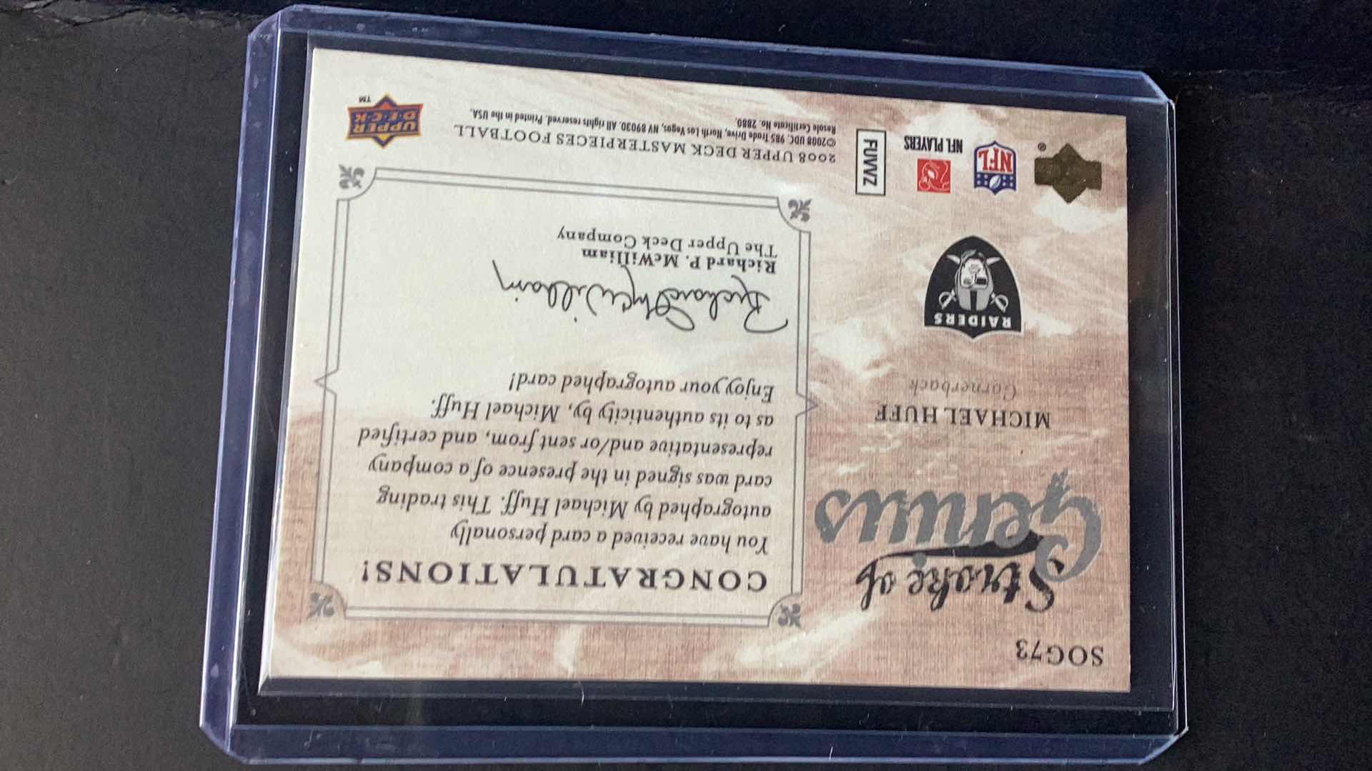 Photo 1 of 2008 MICHEL HUFF AUTOGRAPHED UPPER DECK #SOG73