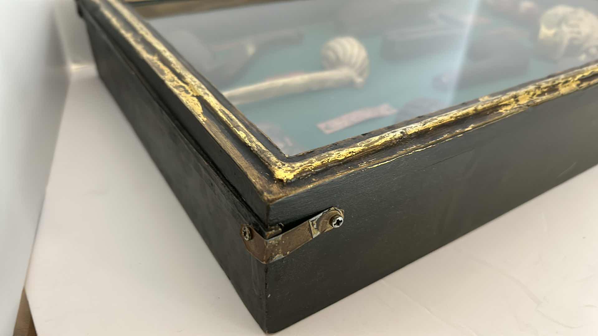 Photo 8 of DISTRESSED BLACK AND GOLD FRAMED SHADOW BOX WITH VINTAGE PIPES 20.5” x 11.25”