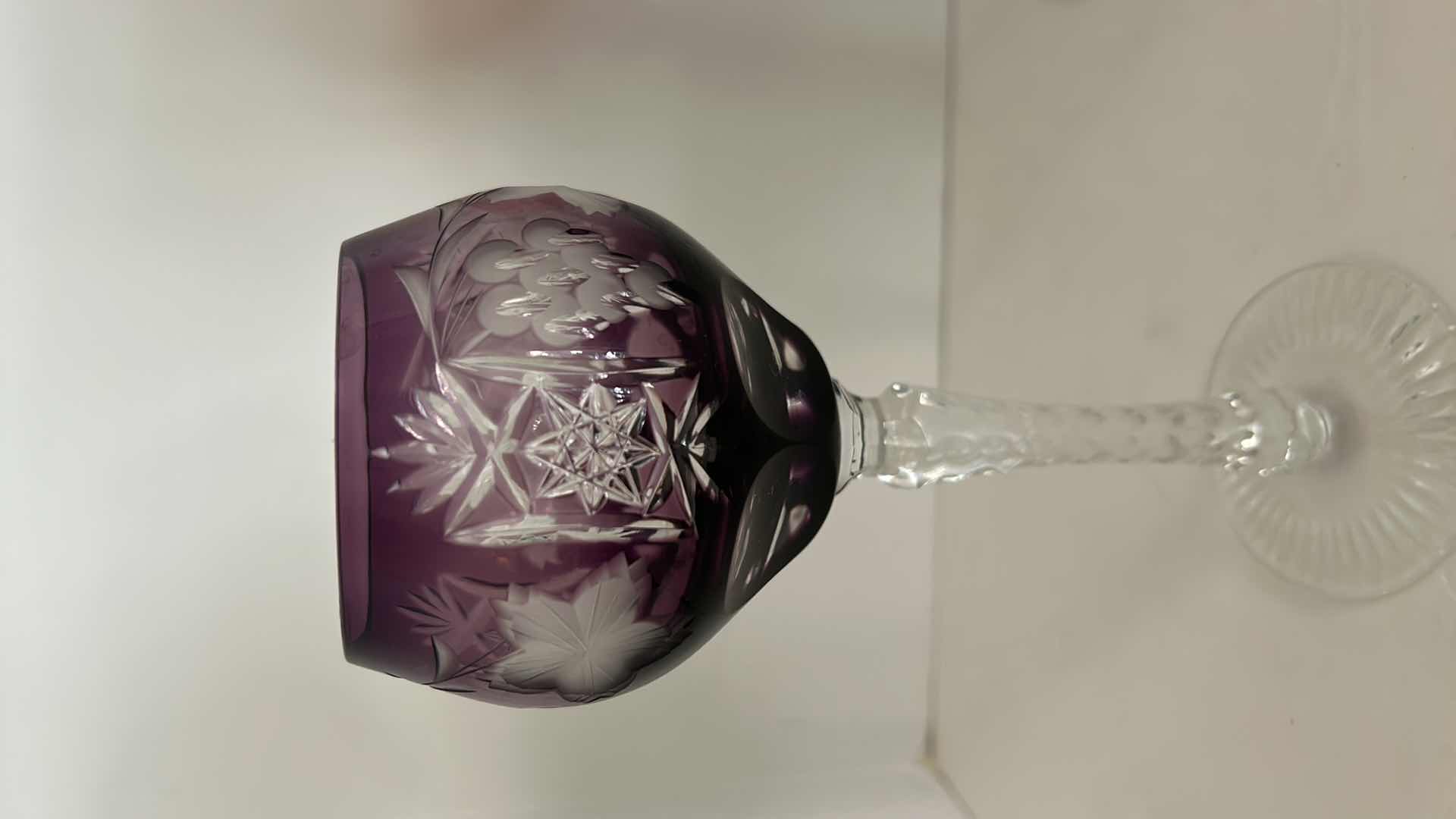 Photo 1 of Ajka Marsala Grape Amethyst Purple Lead Cut Crystal to Clear Wine Goblet $119