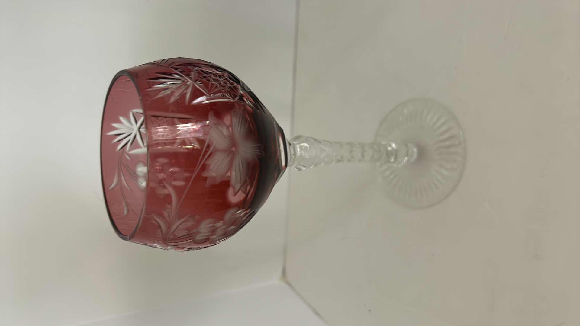 Photo 1 of Marsala Ruby Red Wine Hock Goblet Lead Cystal Ajka Crystal Hungary Cut Grapes & Star Cut Stem $119