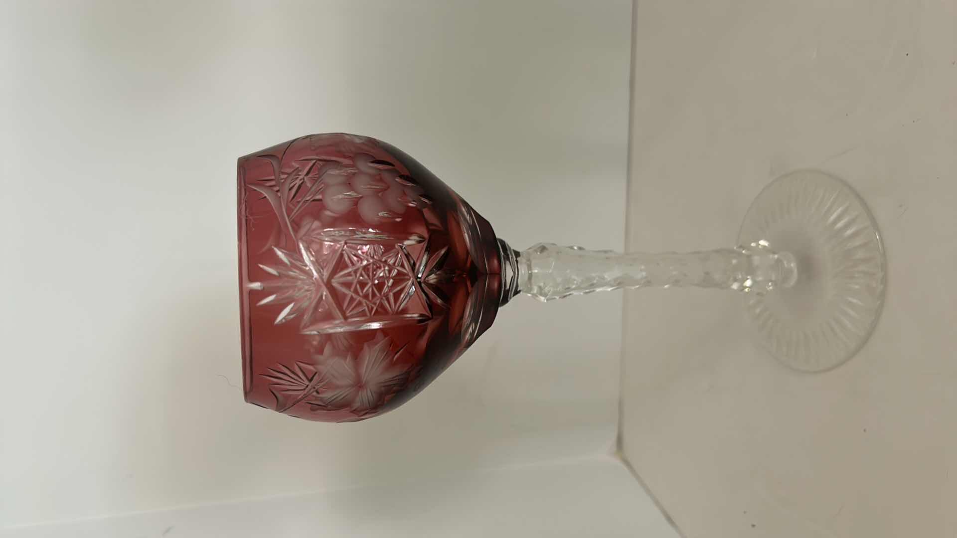 Photo 1 of Marsala Ruby Red Wine Hock Goblet Lead Cystal Ajka Crystal Hungary Cut Grapes & Star Cut Stem $119