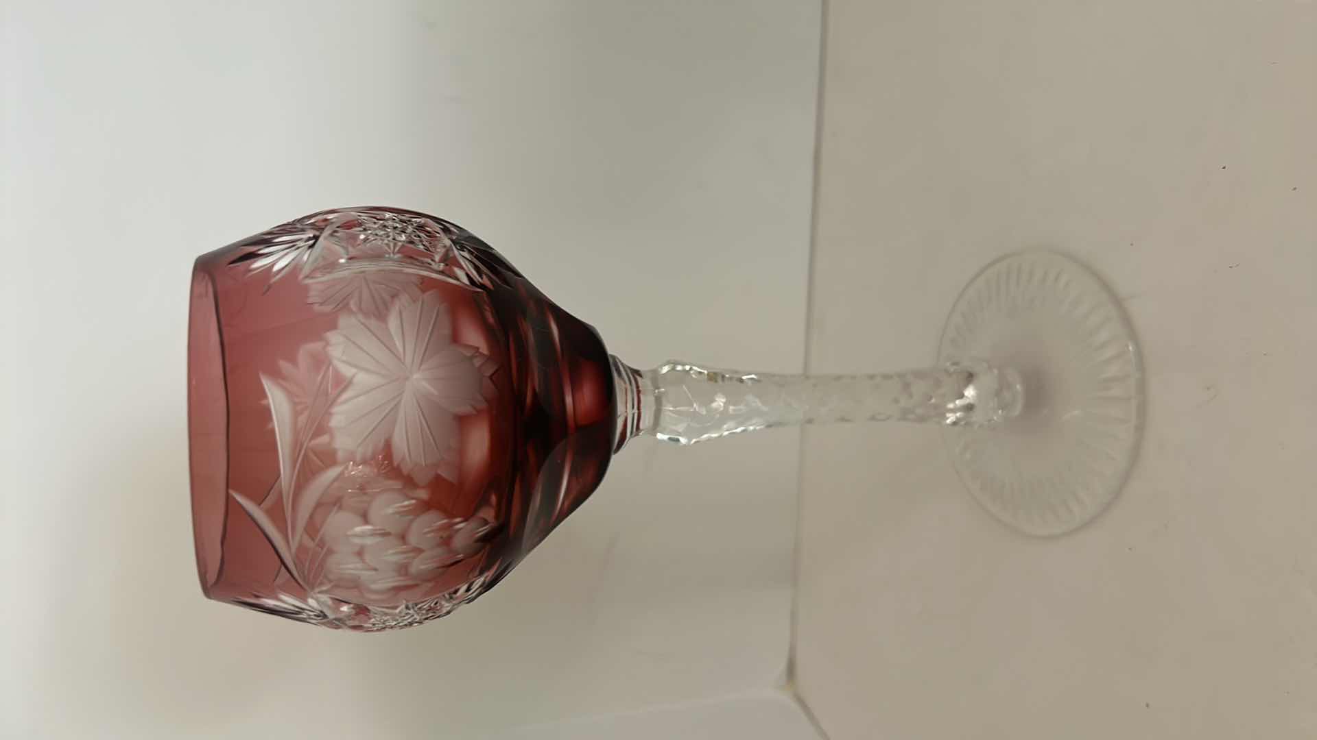 Photo 1 of Marsala Ruby Red Wine Hock Goblet Lead Cystal Ajka Crystal Hungary Cut Grapes & Star Cut Stem $119