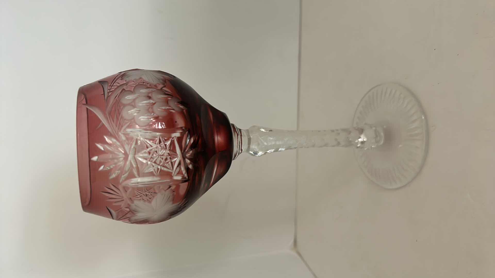 Photo 1 of Marsala Ruby Red Wine Hock Goblet Lead Cystal Ajka Crystal Hungary Cut Grapes & Star Cut Stem $119