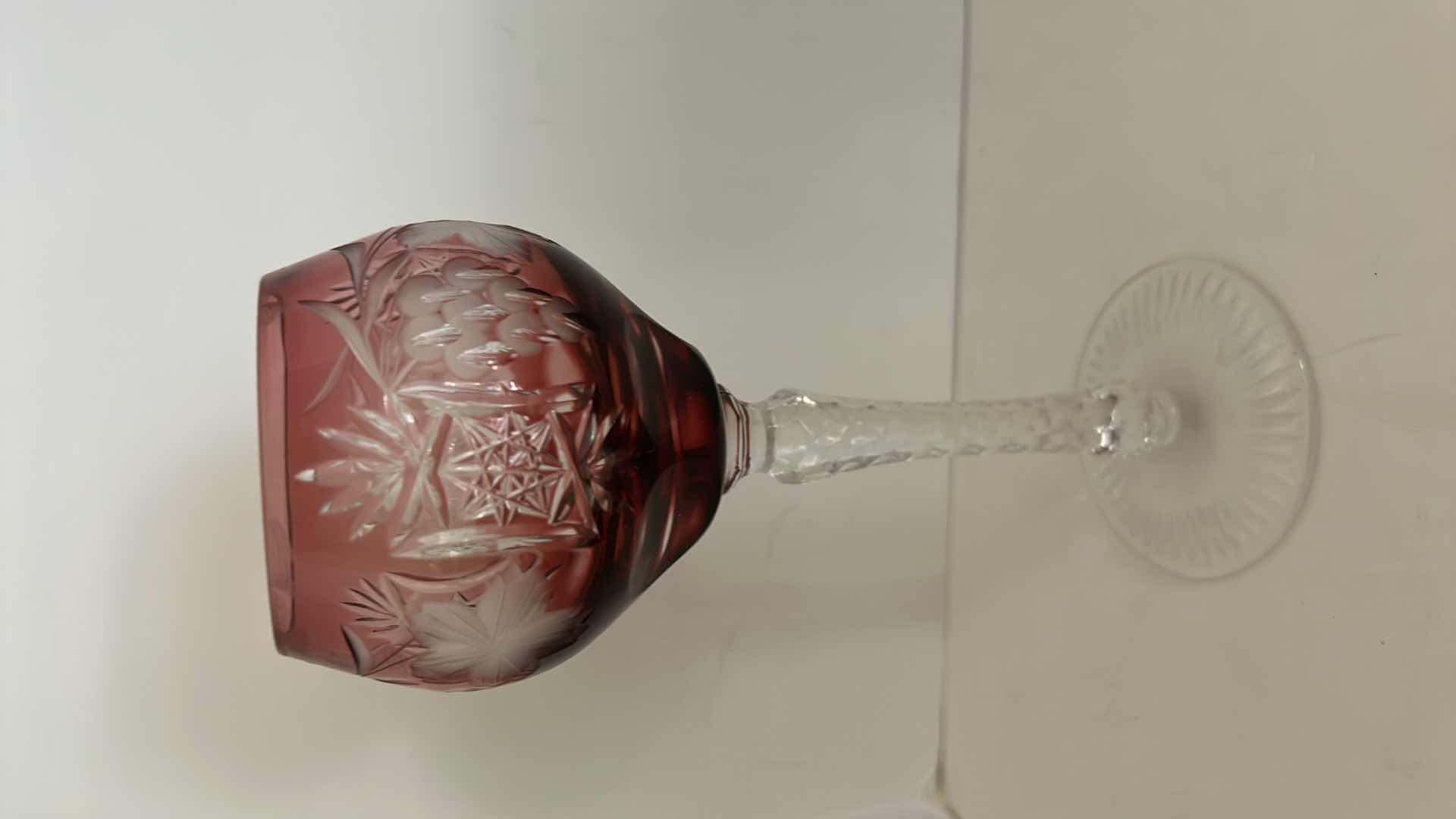 Photo 1 of Marsala Ruby Red Wine Hock Goblet Lead Cystal Ajka Crystal Hungary Cut Grapes & Star Cut Stem $119