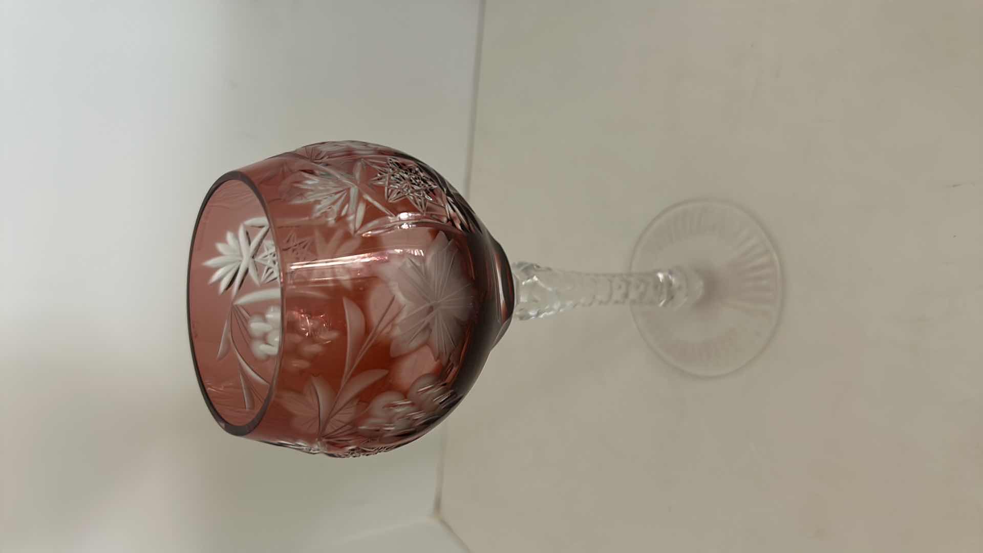 Photo 4 of Marsala Ruby Red Wine Hock Goblet Lead Cystal Ajka Crystal Hungary Cut Grapes & Star Cut Stem $119
