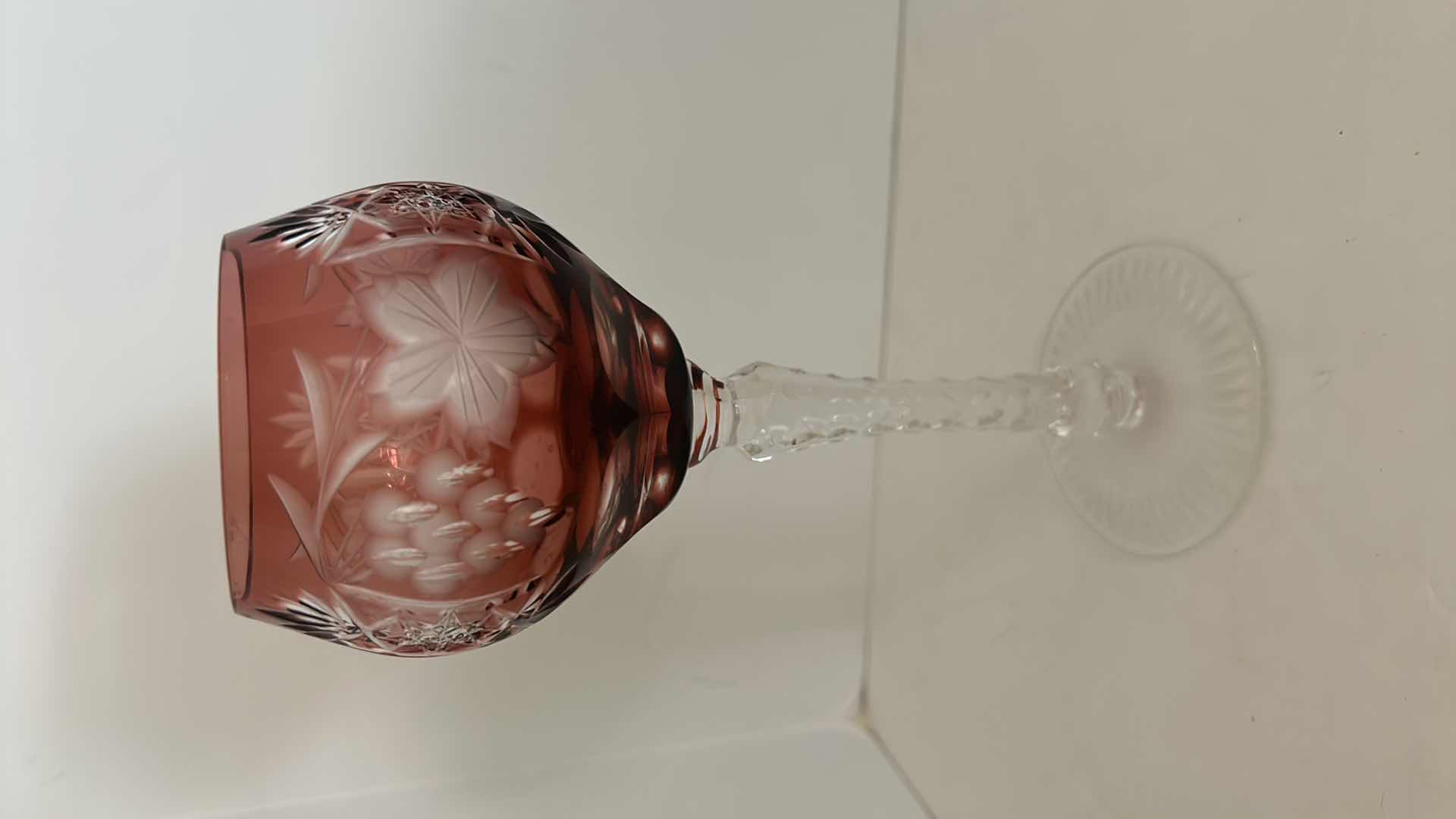 Photo 1 of Marsala Ruby Red Wine Hock Goblet Lead Cystal Ajka Crystal Hungary Cut Grapes & Star Cut Stem $119