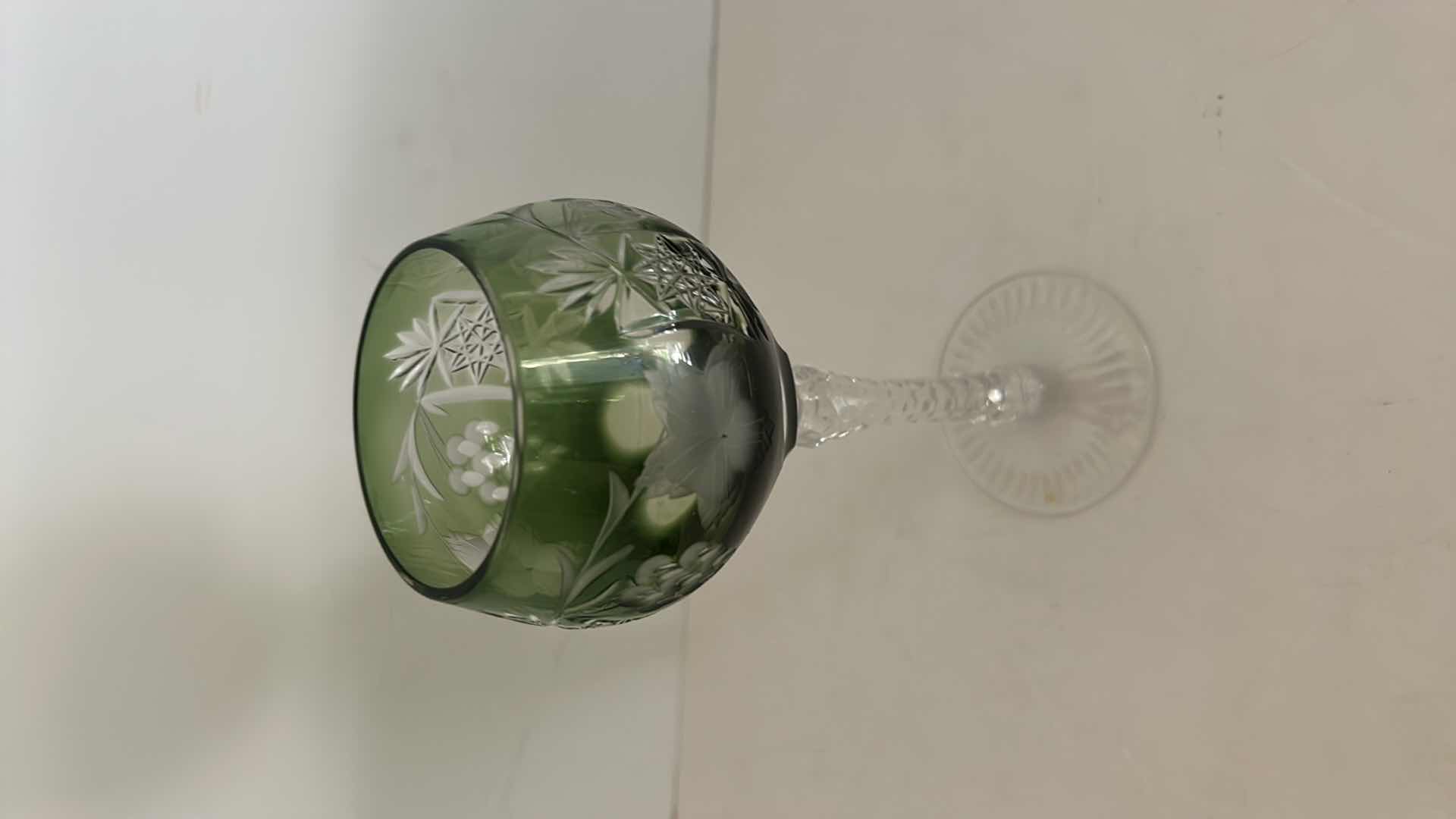 Photo 4 of Emerald Wine Hock Goblet Lead Cystal Ajka Crystal Hungary Cut Grapes & Star Cut Stem $119