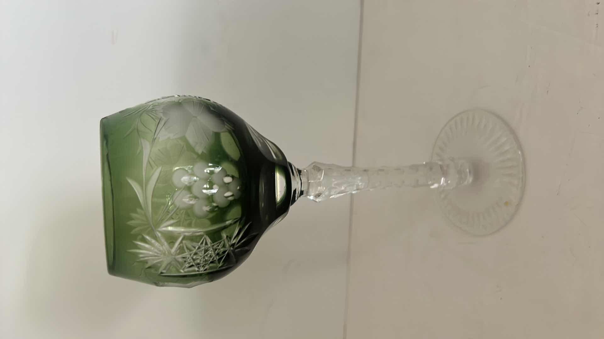 Photo 1 of Emerald Wine Hock Goblet Lead Cystal Ajka Crystal Hungary Cut Grapes & Star Cut Stem $119