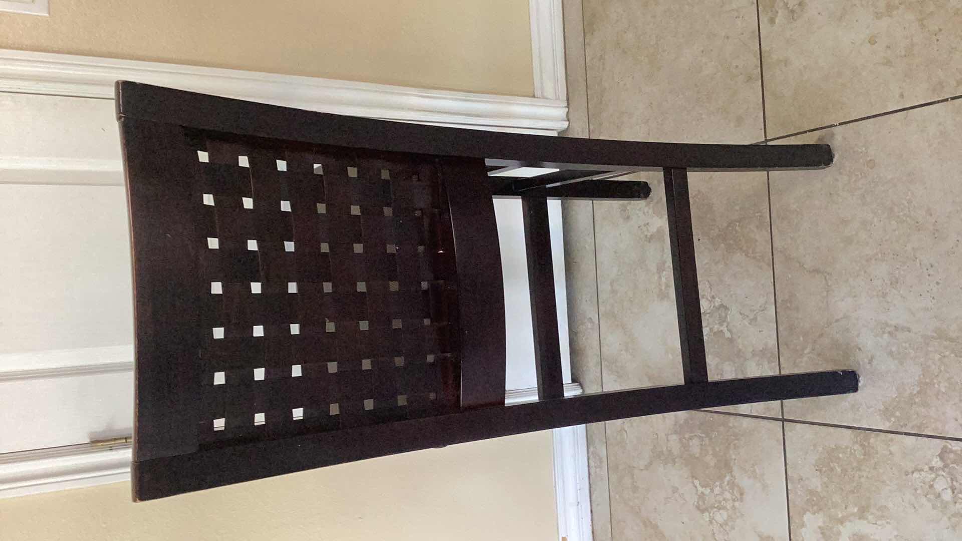 Photo 1 of WOODEN BAR CHAIR WITH LEATHER SEAT 19” X 20” H 44”