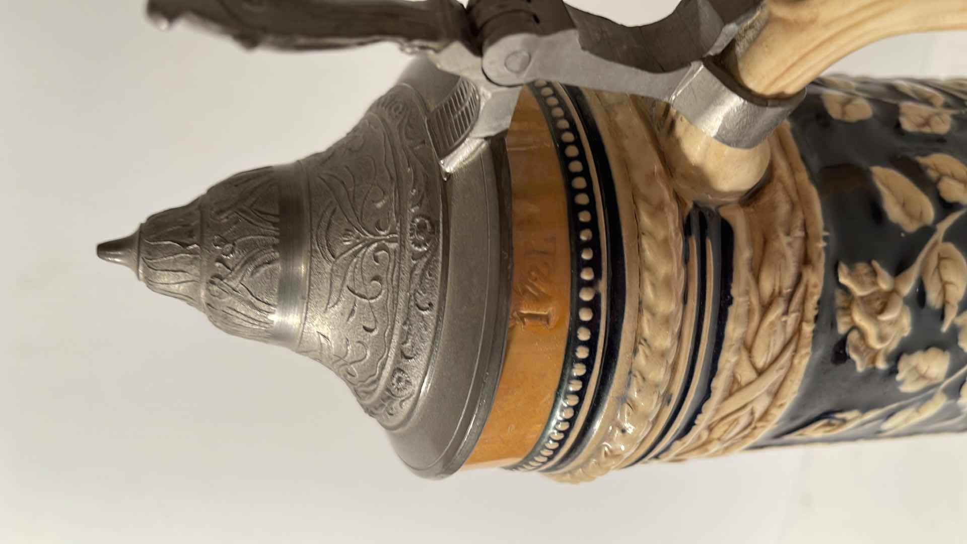 View 4 of GERMAN BEER STEIN, 1 1/2 LT., GERZ #1519, WEST GERMANY, LANDESKNECHT HUNTER WITH DISDRESSED SWEETHEART H-14”