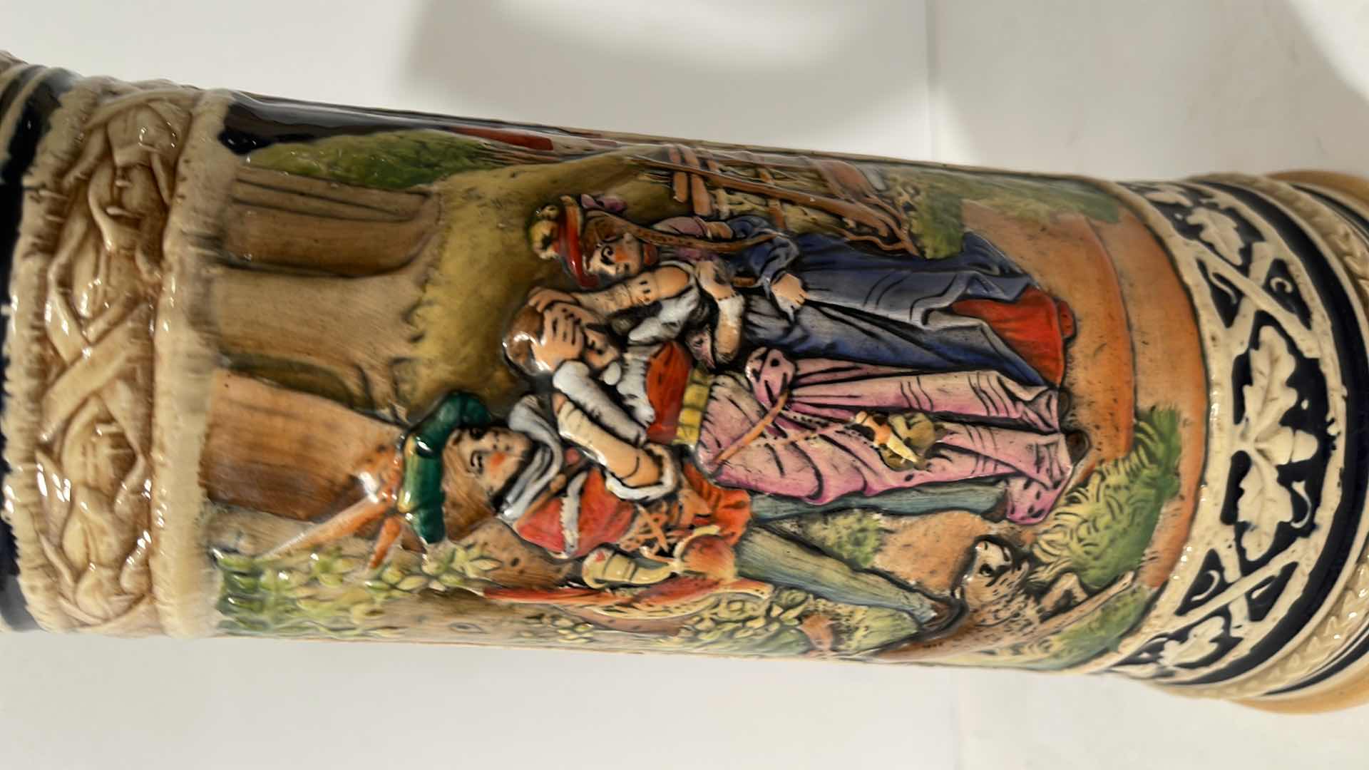View 2 of GERMAN BEER STEIN, 1 1/2 LT., GERZ #1519, WEST GERMANY, LANDESKNECHT HUNTER WITH DISDRESSED SWEETHEART H-14”