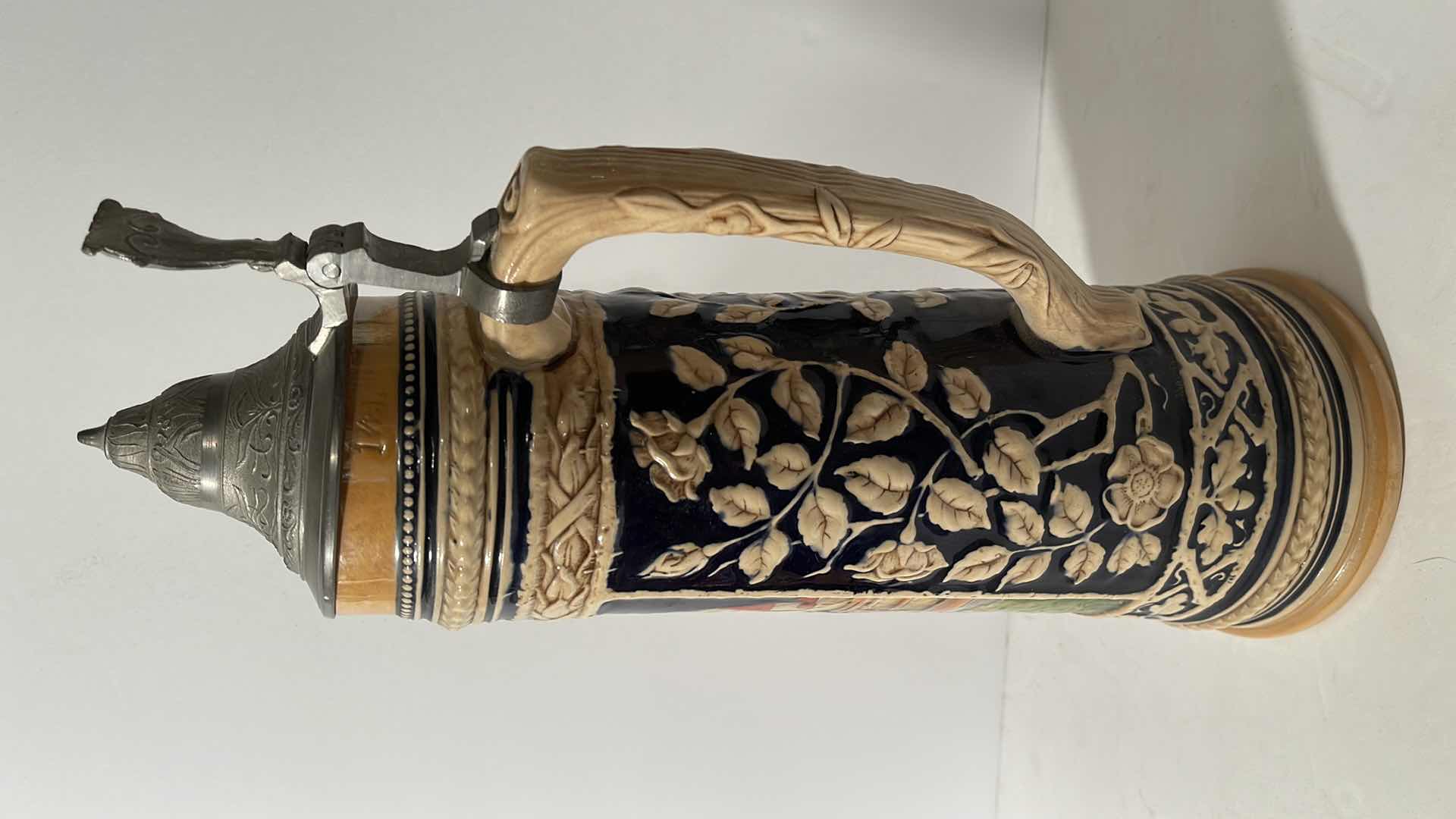 View 3 of GERMAN BEER STEIN, 1 1/2 LT., GERZ #1519, WEST GERMANY, LANDESKNECHT HUNTER WITH DISDRESSED SWEETHEART H-14”