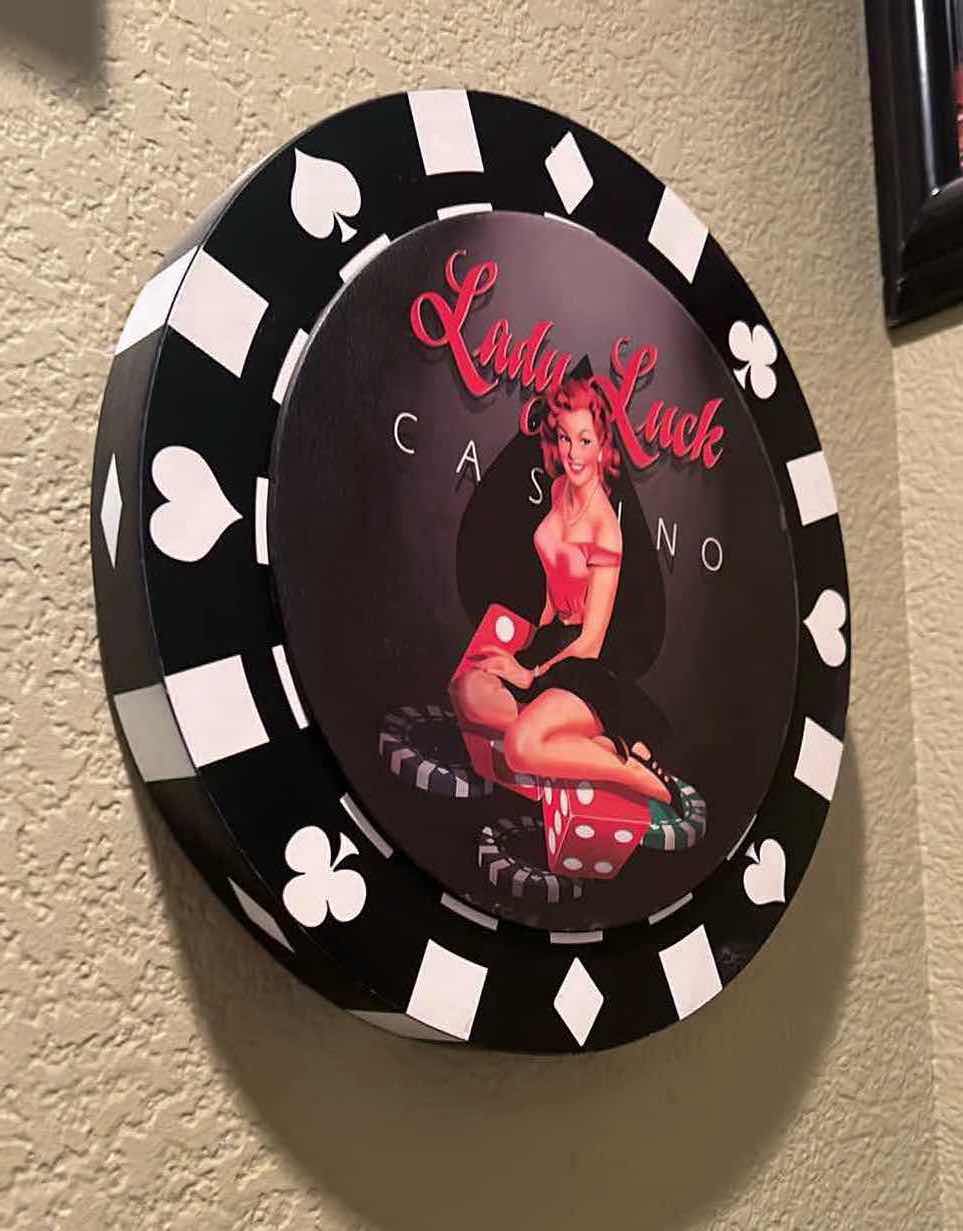Photo 1 of 12” ROUND “LADY LUCK” CASINO CHIP CANVAS ARTWORK