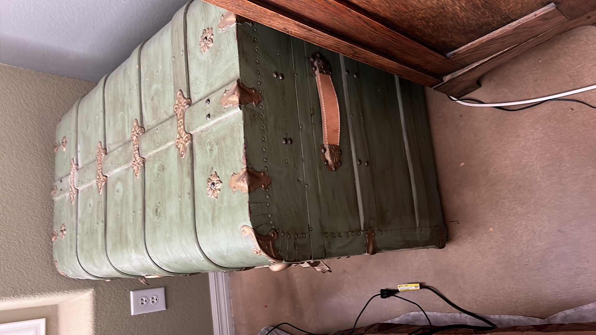 Photo 6 of ANTIQUE GREEN W BRASS STORAGE TRUNK