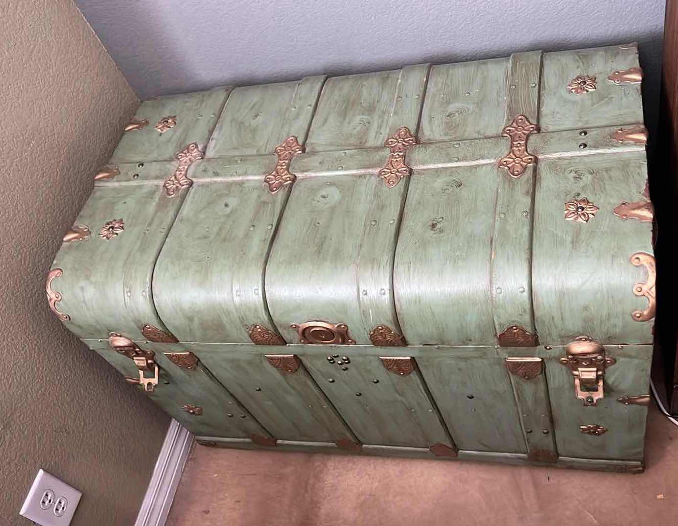 Photo 2 of ANTIQUE GREEN W BRASS STORAGE TRUNK
