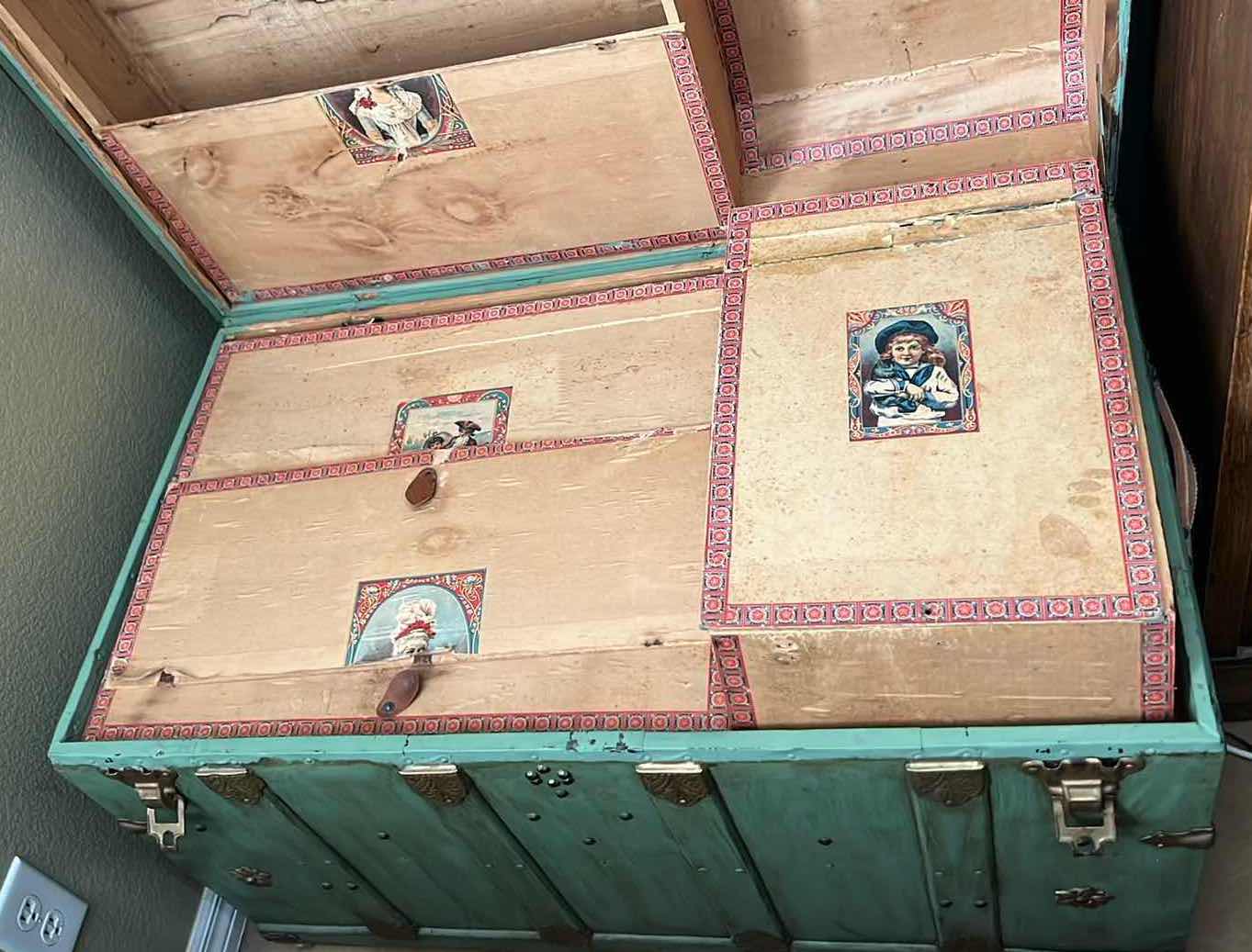 Photo 1 of ANTIQUE GREEN W BRASS STORAGE TRUNK