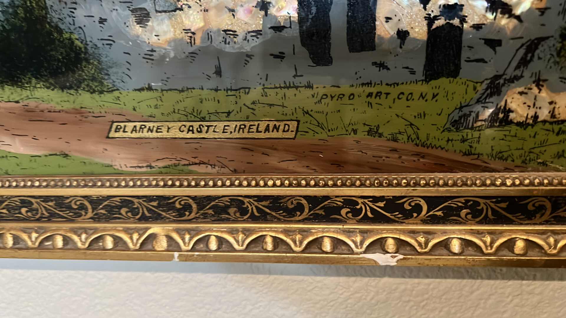 Photo 1 of GOLD ORNATE FRAMED REVERSE BLARNEY CASTLE PAINTING ON GLASS 32” x 19”