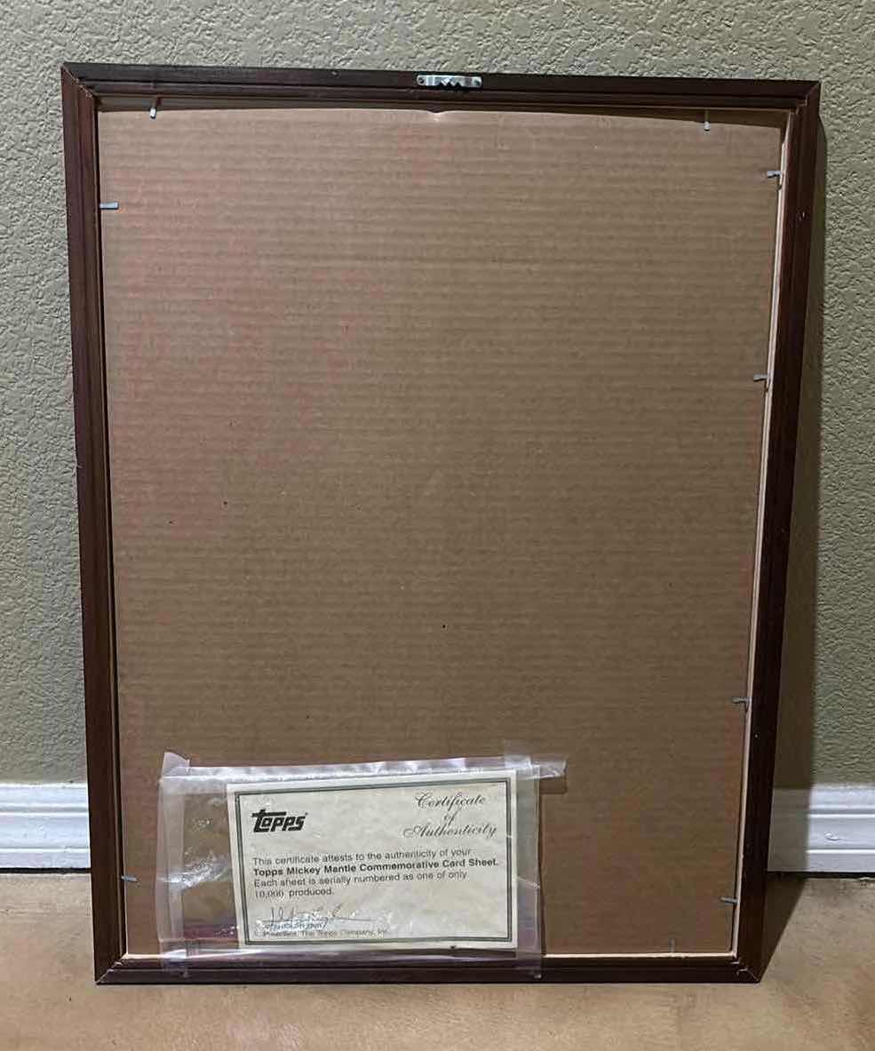 Photo 1 of FRAMED TOPPS MICKEY CHARLES MANTLE COMMEMORATIVE CARD SHEET W COA INCLUDED