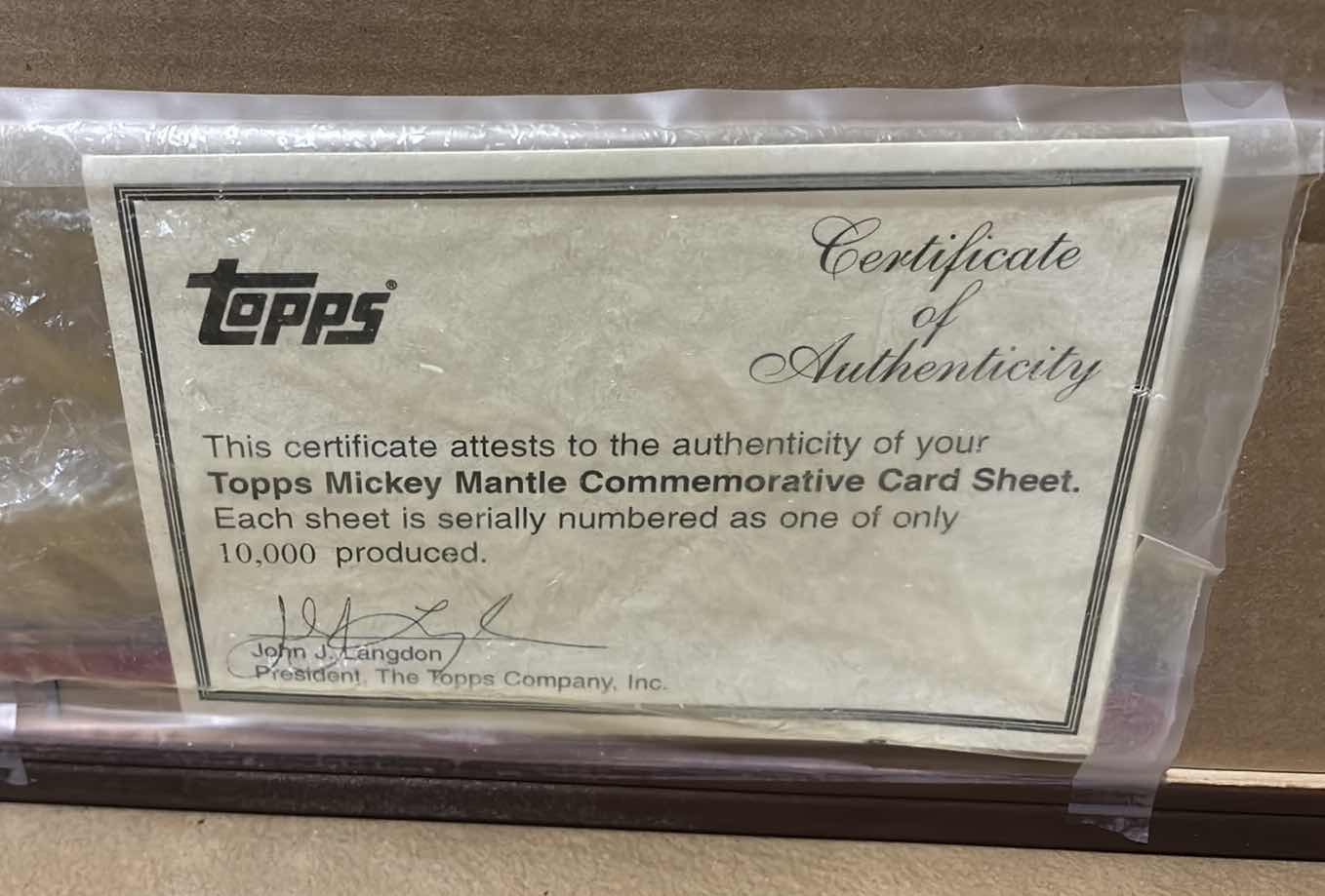 Photo 1 of FRAMED TOPPS MICKEY CHARLES MANTLE COMMEMORATIVE CARD SHEET W COA INCLUDED