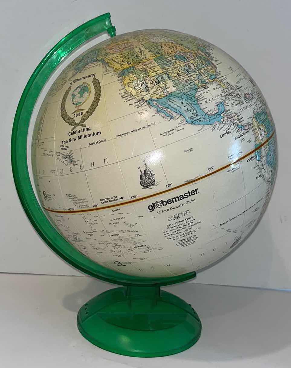 Photo 1 of GLOBEMASTER BY REPLOGLE GLOBES, INC. TAN WORLD CLASSIC SERIES GLOBE WITH GREEN PLASTIC AXIS 12" X 16.25"