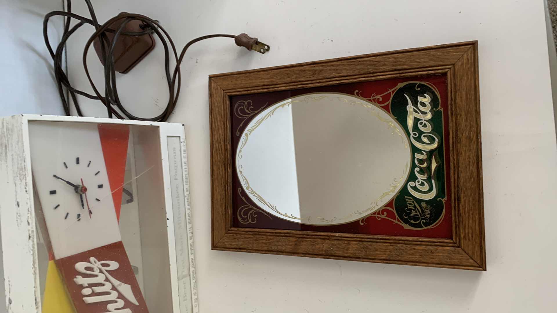 Photo 1 of 2 PCS VINTAGE SCHLITZ TABLE CLOCK AND COCA COLA WALL MIRROR