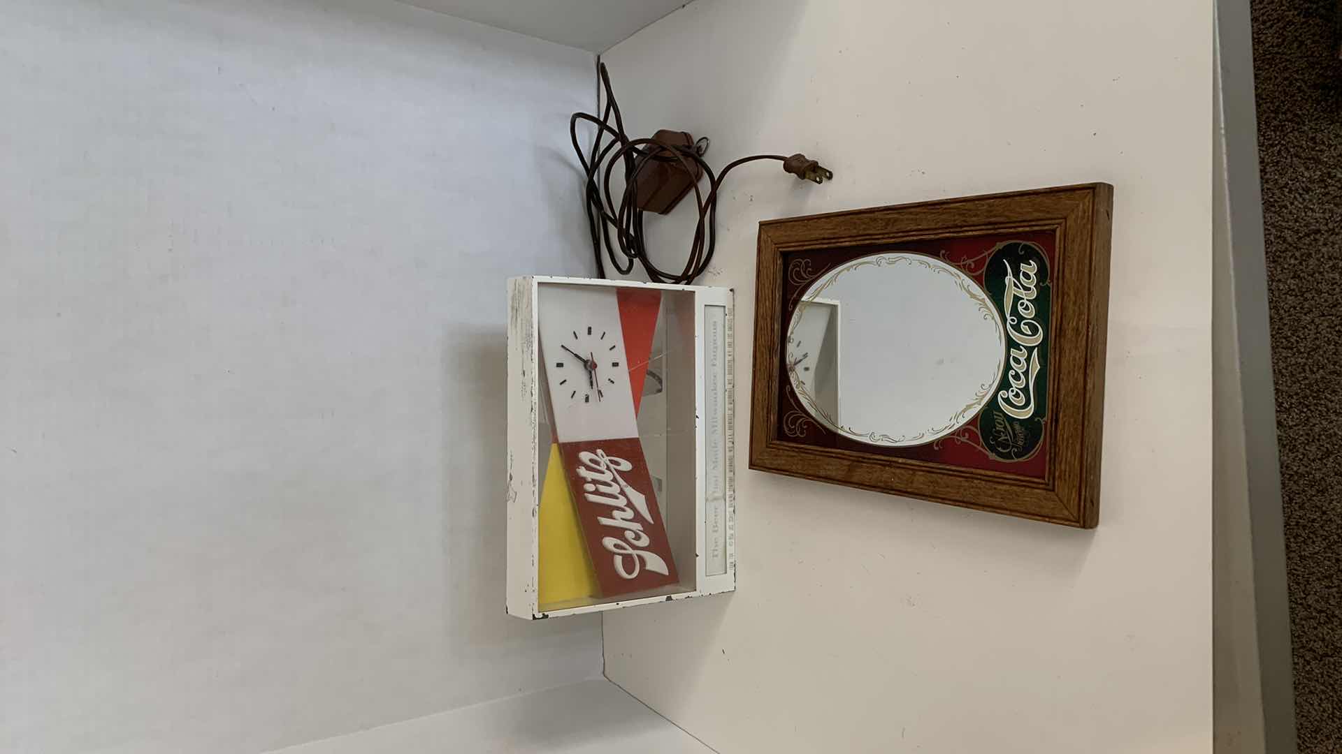 Photo 1 of 2 PCS VINTAGE SCHLITZ TABLE CLOCK AND COCA COLA WALL MIRROR
