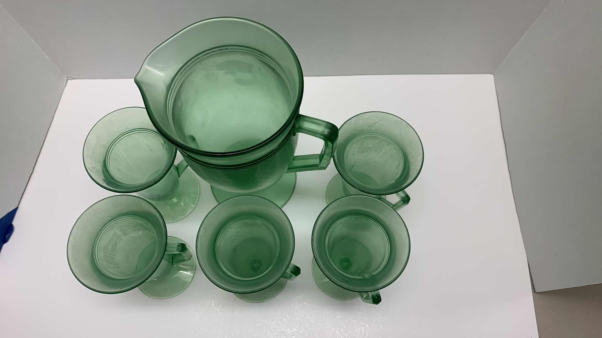 Photo 1 of FOSTORIA PRISCILLA URANIUM GLASS PITCHER & 4 ICED TEA GLASSES
