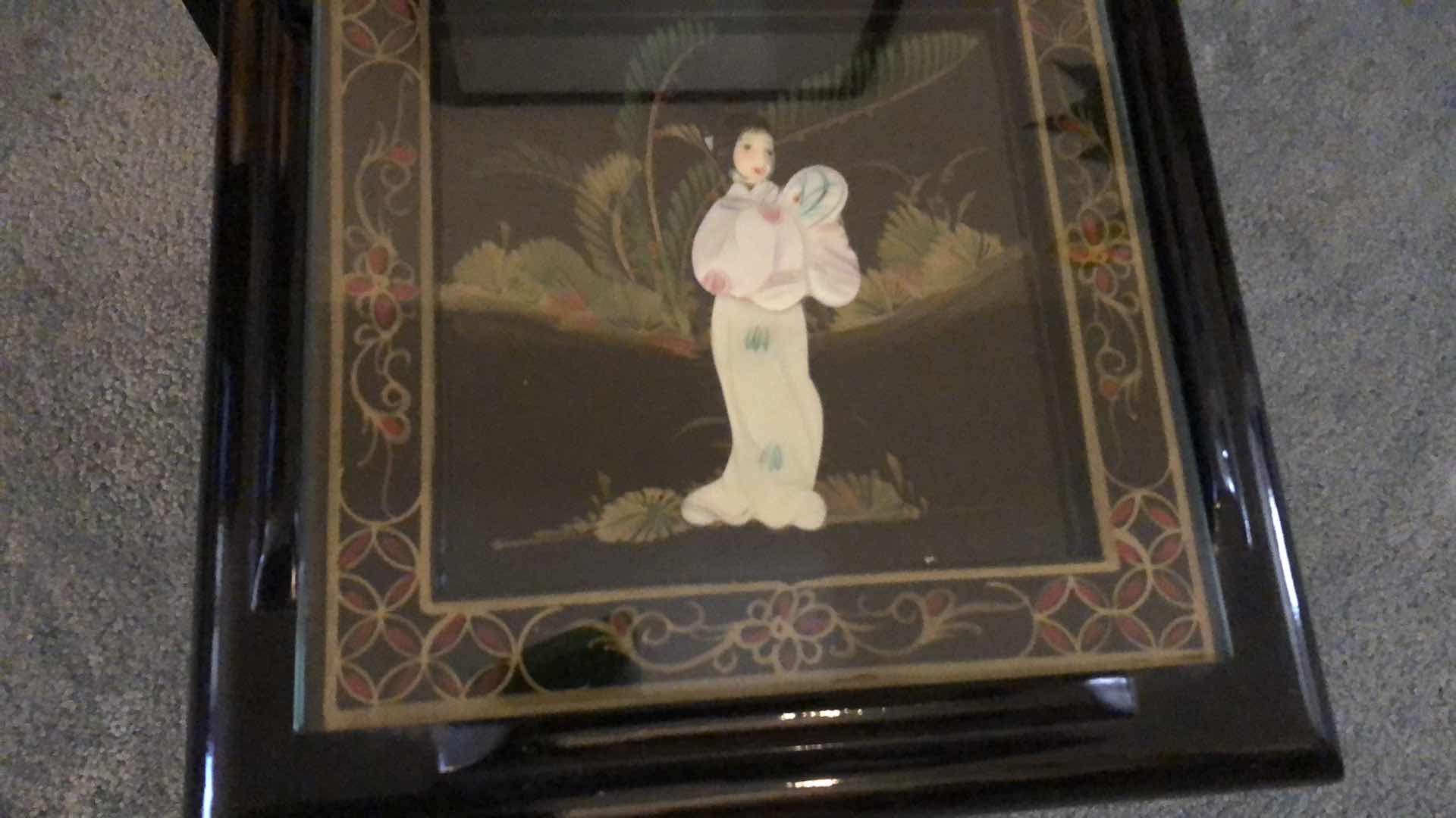 View 5 of 1980’S CHINESE EXPORT BLACK LAQUER HAND PAINTED WITH MOTHER OF PEARL INLAYS NESTING TABLES TALLEST IS 26”