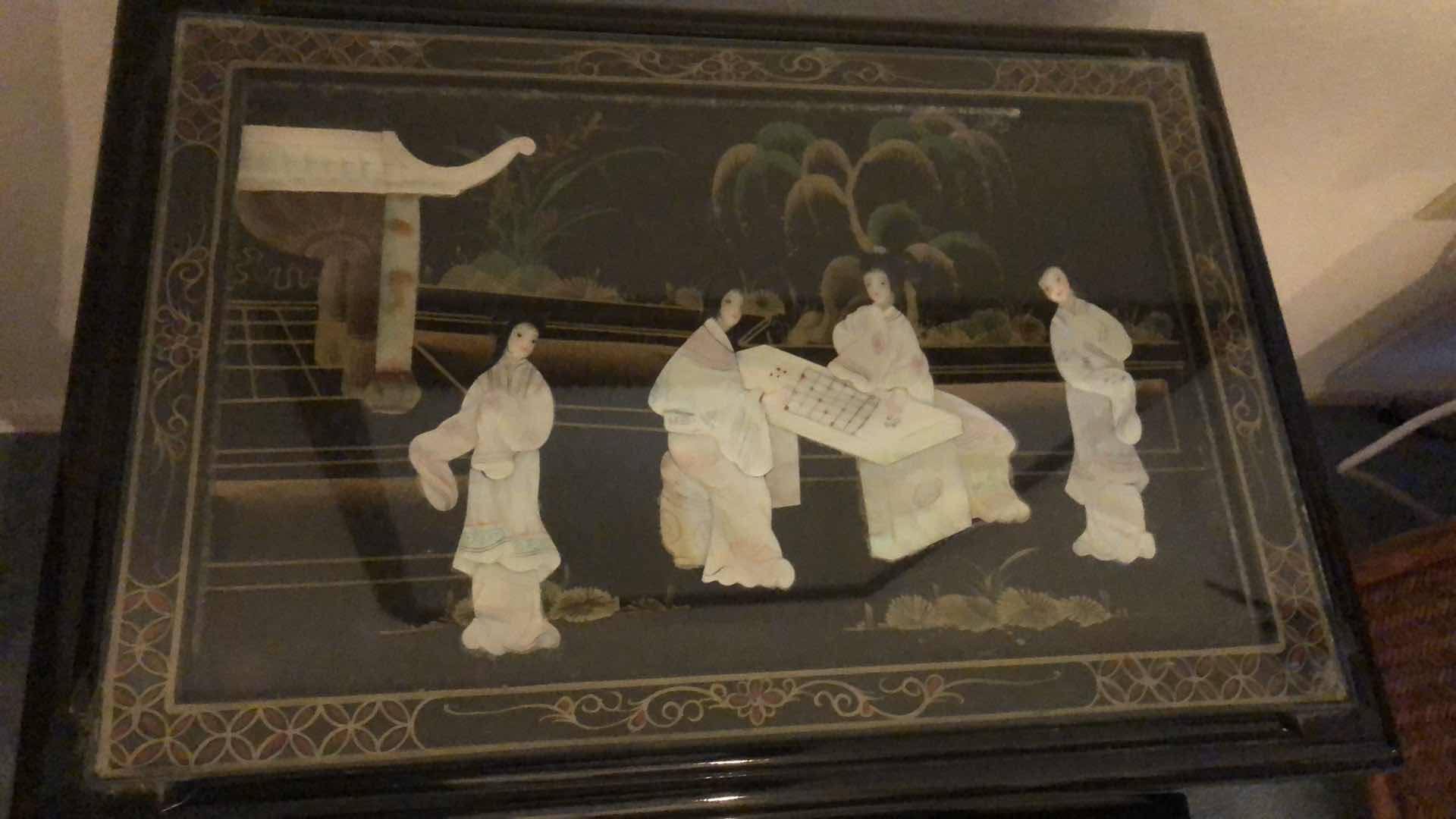 View 2 of 1980’S CHINESE EXPORT BLACK LAQUER HAND PAINTED WITH MOTHER OF PEARL INLAYS NESTING TABLES TALLEST IS 26”