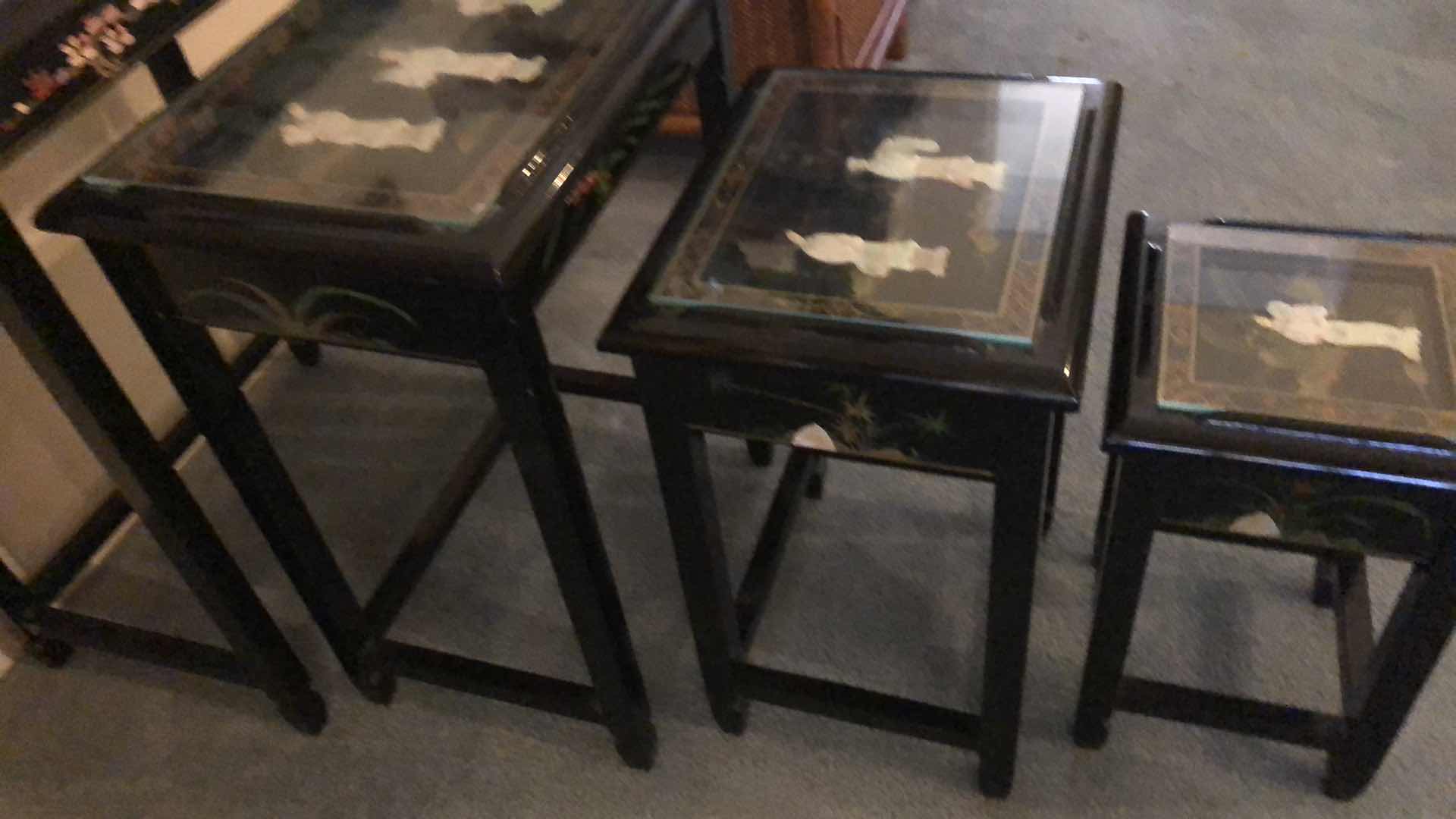 View 9 of 1980’S CHINESE EXPORT BLACK LAQUER HAND PAINTED WITH MOTHER OF PEARL INLAYS NESTING TABLES TALLEST IS 26”