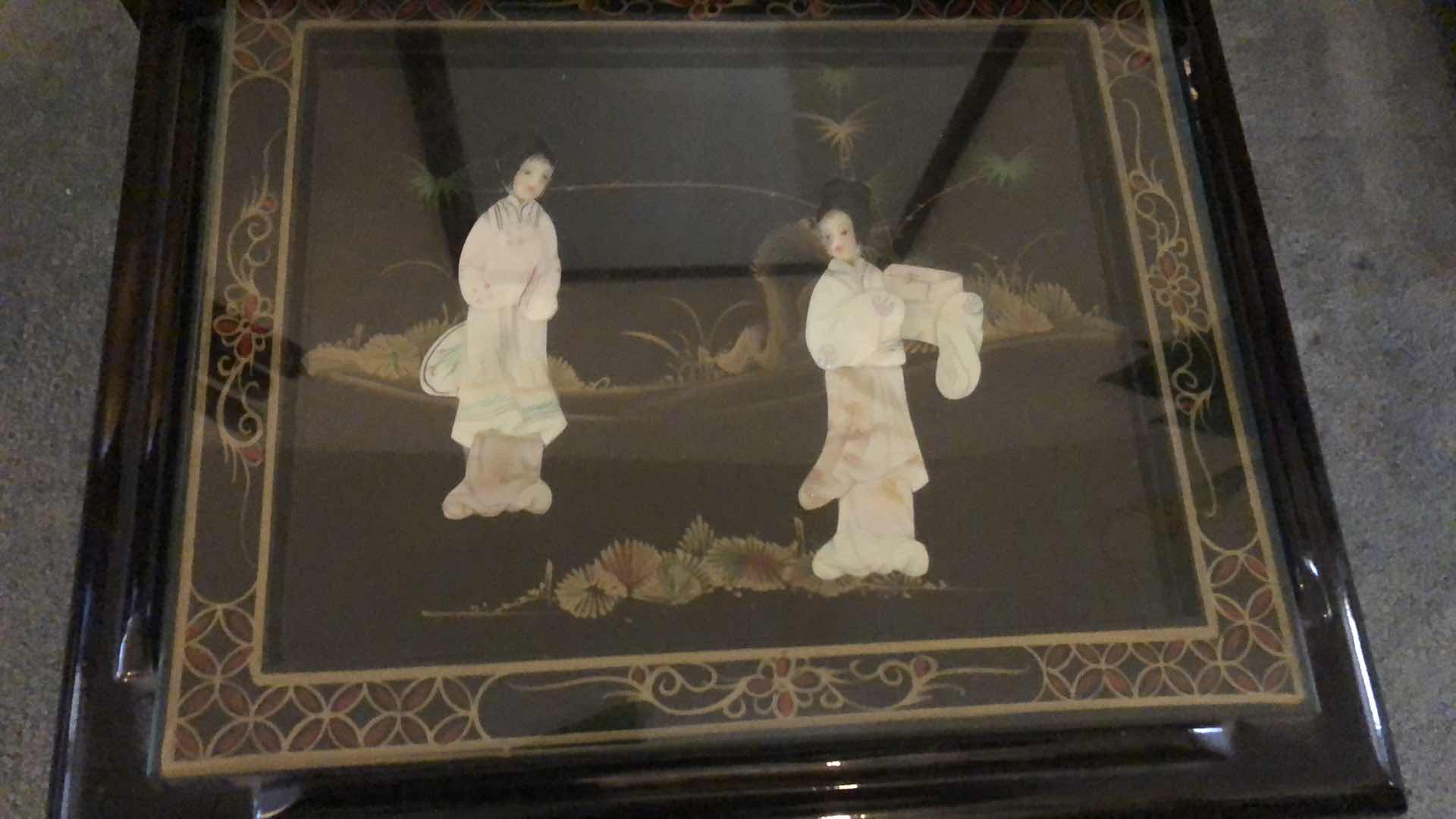 View 4 of 1980’S CHINESE EXPORT BLACK LAQUER HAND PAINTED WITH MOTHER OF PEARL INLAYS NESTING TABLES TALLEST IS 26”
