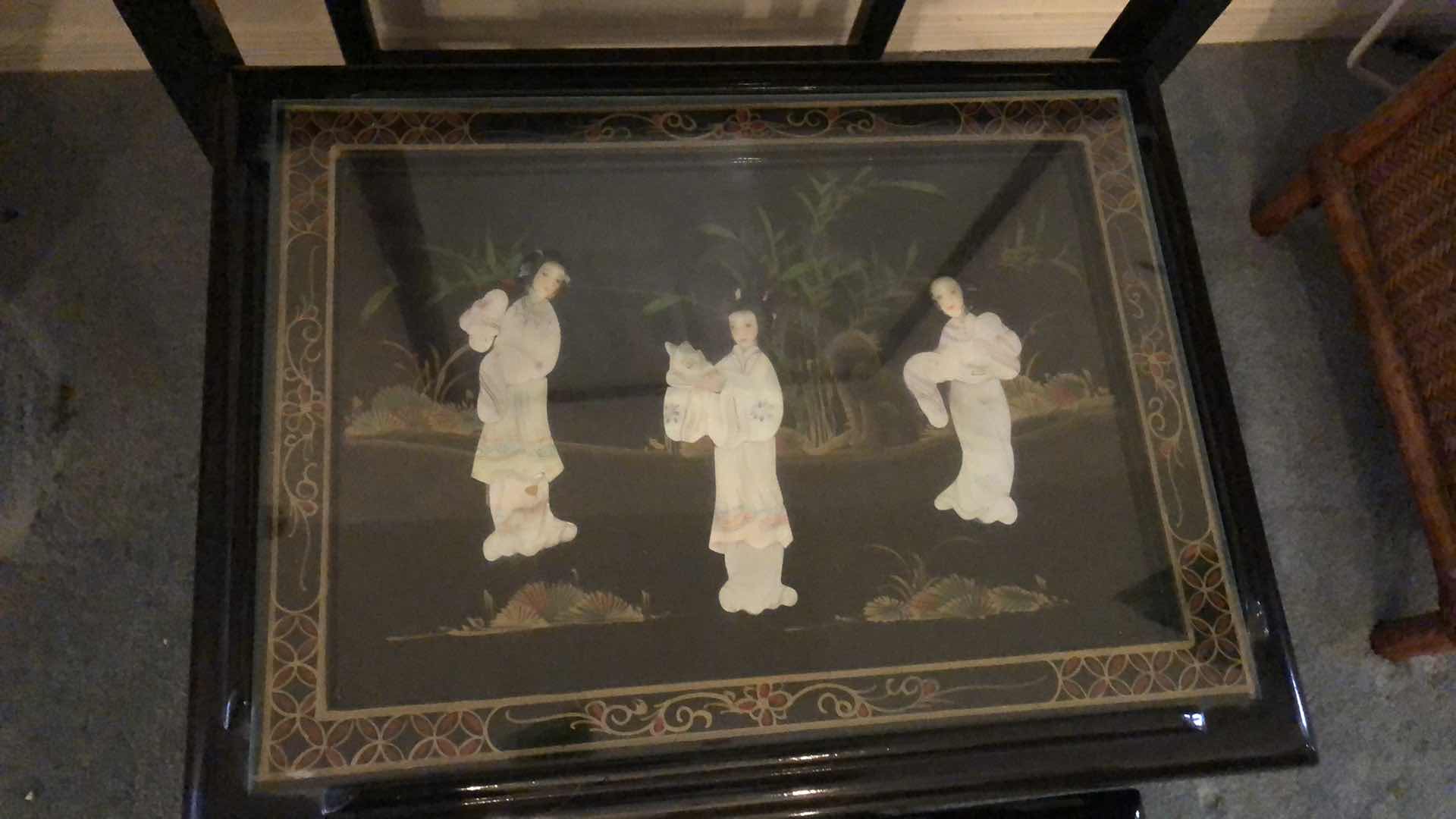 View 3 of 1980’S CHINESE EXPORT BLACK LAQUER HAND PAINTED WITH MOTHER OF PEARL INLAYS NESTING TABLES TALLEST IS 26”