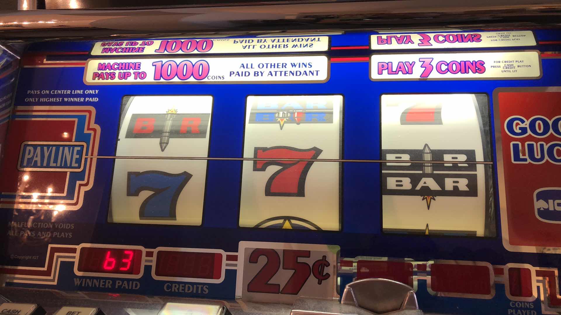 Photo 1 of LAS VEGAS IGT 1994 CLASSIC RED WHITE AND BLUE SLOT MACHINE WITH PEDESTAL 21” X 25” H 61”