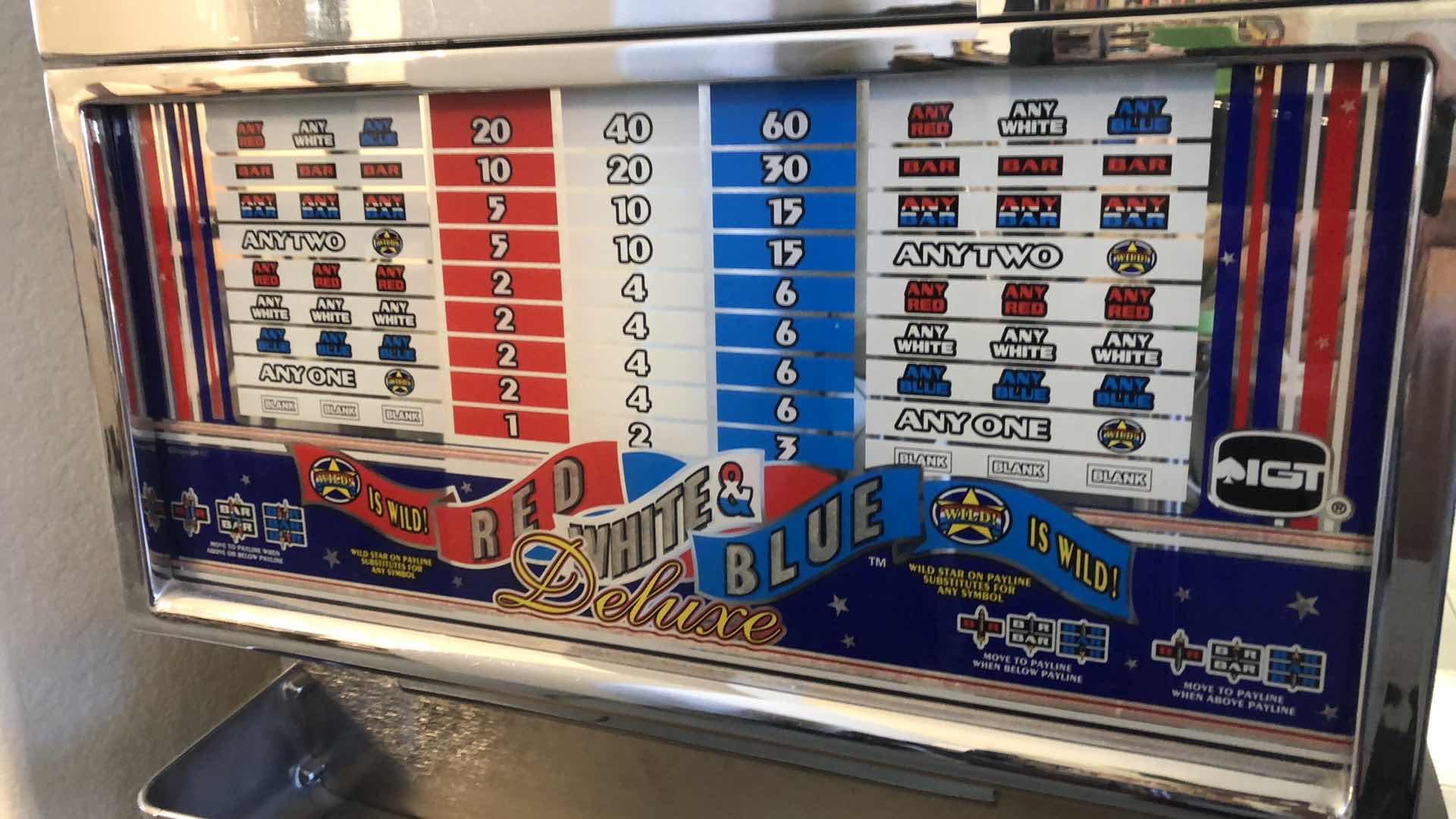 Photo 1 of LAS VEGAS IGT 1994 CLASSIC RED WHITE AND BLUE SLOT MACHINE WITH PEDESTAL 21” X 25” H 61”