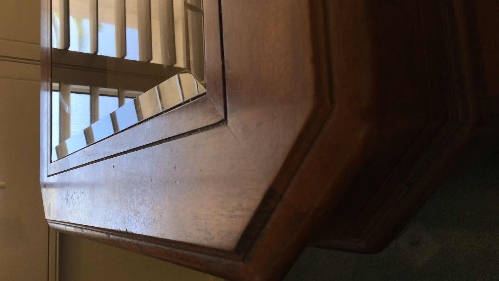 Photo 1 of END TABLE WITH INLAID WOOD DESIGN AND BEVELED GLASS TOP 24” X 28” H 24”