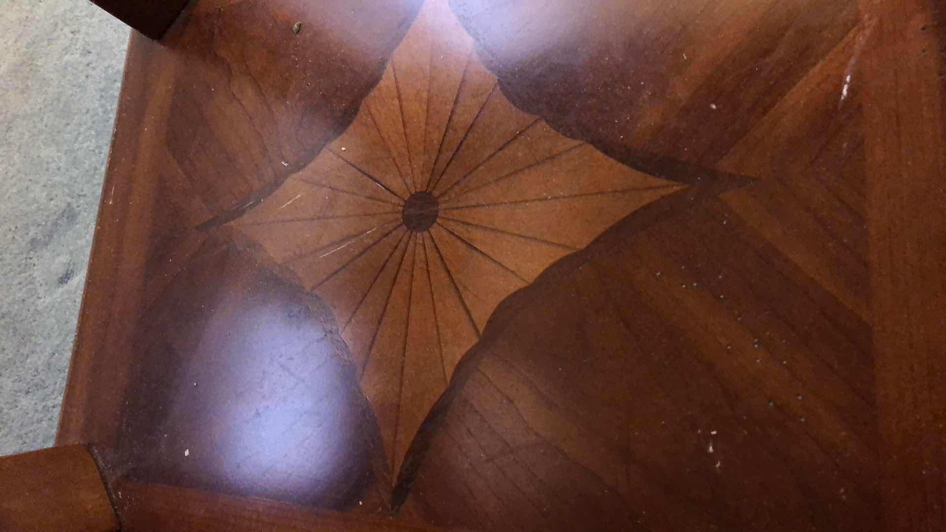 Photo 1 of END TABLE WITH INLAID WOOD DESIGN AND BEVELED GLASS TOP 24” X 28” H 24”