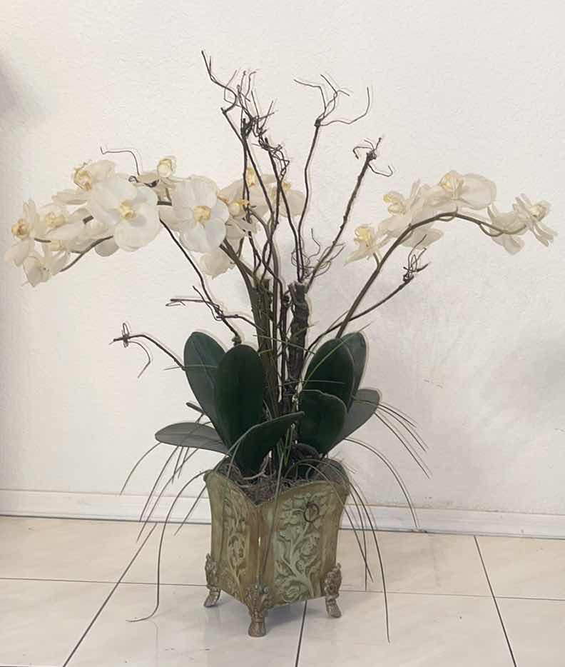 Photo 1 of FAUX WHITE ORCHIDS IN DECORATIVE FAUX PEAT MOSS VASE 34” H