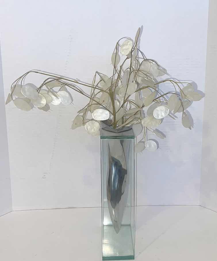 Photo 1 of FAUX LUNERIA MONEY PLANT IN GLASS AND ALUMINUM VASE 21”H
