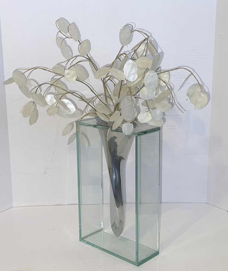 Photo 1 of FAUX LUNERIA MONEY PLANT IN GLASS AND ALUMINUM VASE 21”H