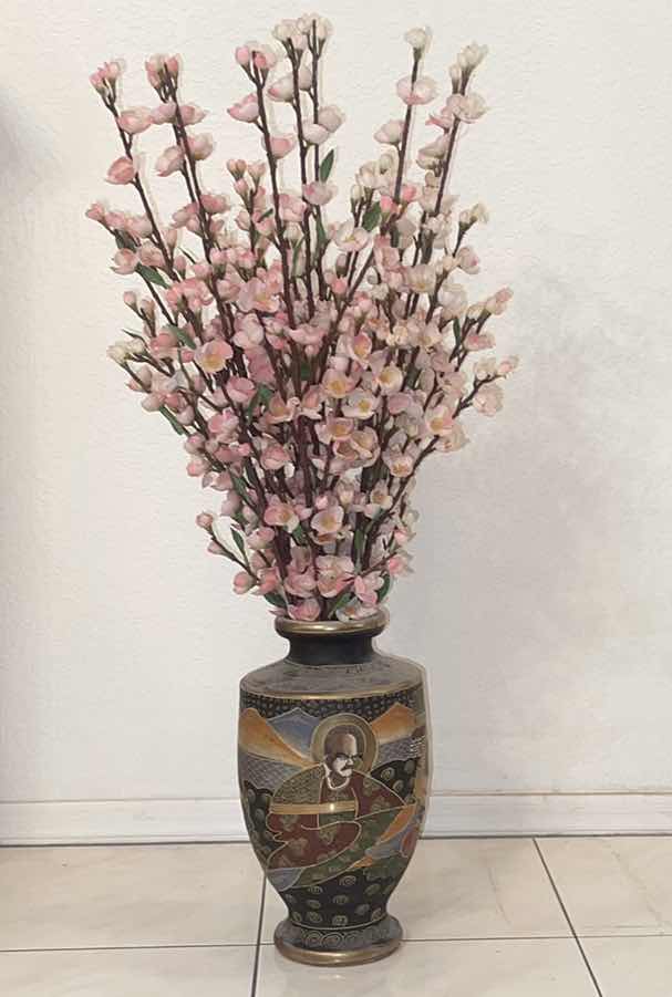 Photo 1 of JAPANESE SATSUMA MORIAGE VASE WITH FAUX CHERRY BLOSSOM BRANCHES 31” H