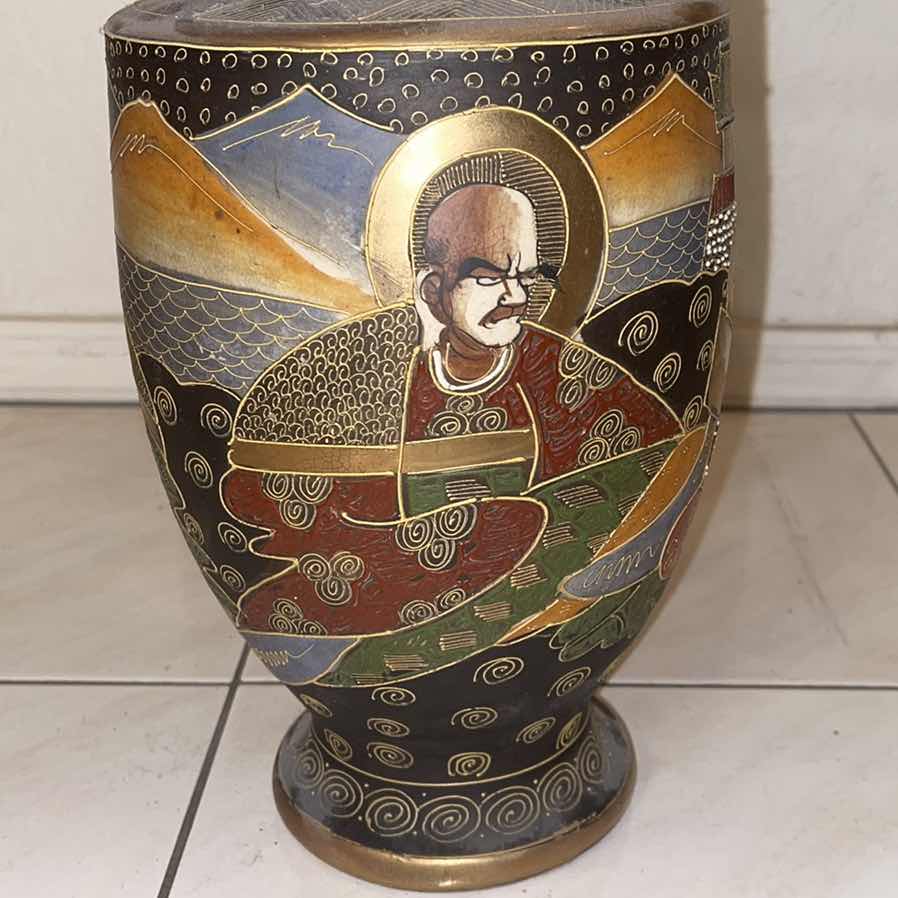 Photo 1 of JAPANESE SATSUMA MORIAGE VASE WITH FAUX CHERRY BLOSSOM BRANCHES 31” H