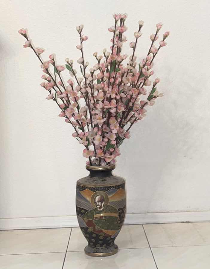 Photo 1 of JAPANESE SATSUMA MORIAGE VASE WITH FAUX CHERRY BLOSSOM BRANCHES 31” H