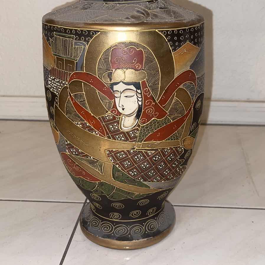 Photo 1 of JAPANESE SATSUMA MORIAGE VASE WITH FAUX CHERRY BLOSSOM BRANCHES 31” H