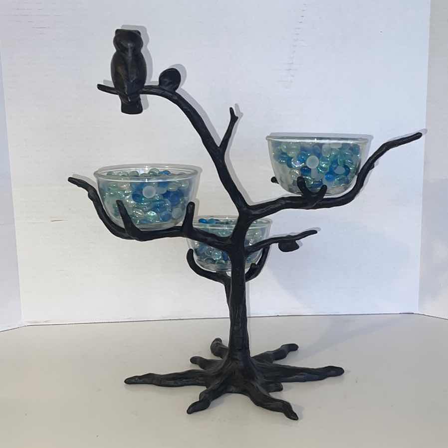 Photo 1 of METAL CANDELABRA WITH OWL AND MARBLE ACCENTS 17” H