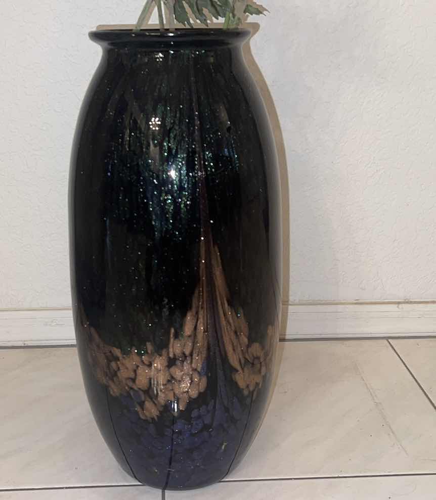 Photo 1 of MURANO-STYLE GOLD BLACK BLUE VASE WITH FAUX FLORAL ARRANGEMENT 16.5”H